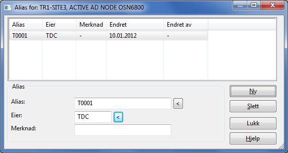 Du må gå via knappen bak feltet eller importere ved hjelp av tabellen Punkt/Utstyr alias for å registrere informasjon. Se Eksporter/Importer tabeller på side 281.