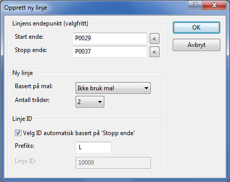 4. Her kan du oppgi linjens start og stopp-ende hvis du ønsker (det er valgfritt). 5. Hvis du har opprettet maler for linjer og ønsker å benytte en av de, kan du velge det i feltet Basert på mal.