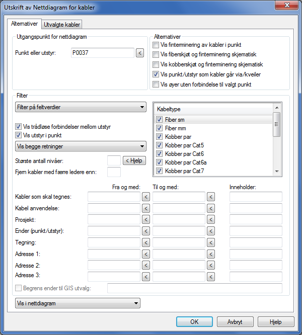 Fyll inn feltene i filteret slik du ønsker. 3. Trykk på knappen OK. Feltene i Nettdiagram filteret for kabler Filteret for Nettdiagrammet.