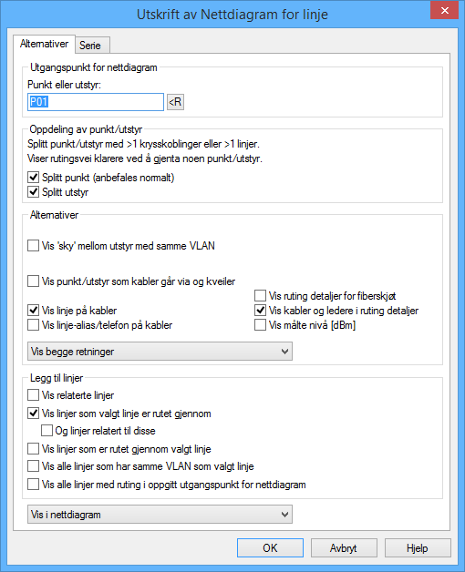 Alternativer for Grafisk Linjekort Alternativer for Grafisk Linjekort. Utgangspunkt for nettdiagram: Her kan du velge hvilket punkt eller utstyr nettdiagrammet skal tegnes ut fra.