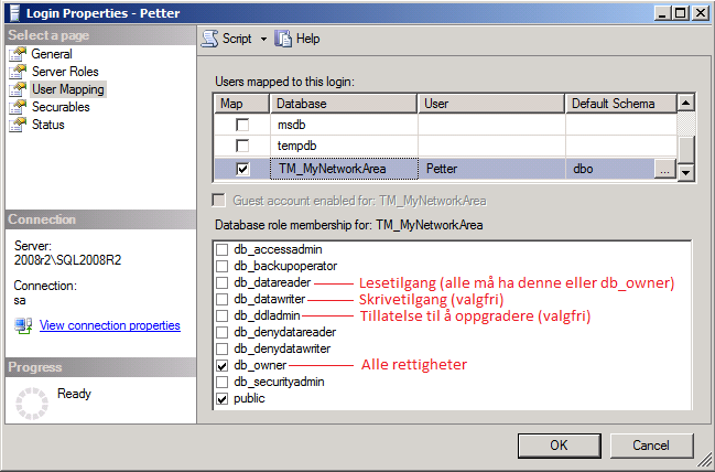 Gi login utvidet tilgang til server I SQL Server Management studio: Høyreklikk på Server og velg Properties: Til venstre velger du siden Permissions. Oppe til høyre velger du login.