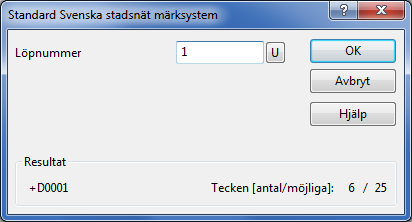 Fälten i dialogrutan Svenska stadsnäts märksystem Dialogrutan för namngivning enligt Svenska stadsnäts märksystem.