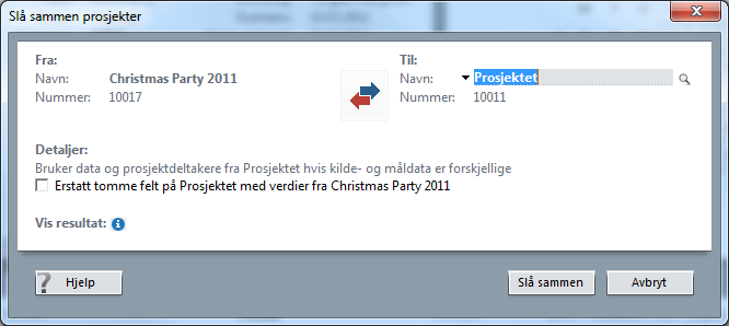 3. Under Til velger du prosjektet som du vil slå sammen med det eksisterende prosjektet. Tips: Du kan bytte om på prosjektene under Fra og Til ved å klikke på knappen. 4.