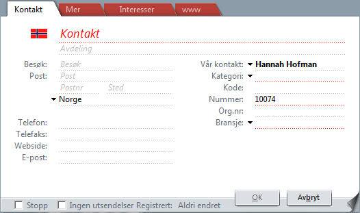 Registrere opplysninger i fanen Kontakt 1. Gå til fanen Kontakt i Kontakt-bildet. Hvordan? Du kan komme til Kontakt-bildet på flere forskjellige måter: Ved å klikke på Kontakt-knappen i navigatoren.
