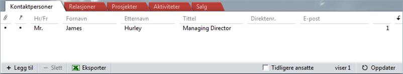 Kontaktpersoner Kontaktpersoner er et av detaljkortene nederst i Kontakt-bildet. Det inneholder opplysninger om ansatte hos den aktive kontakten.