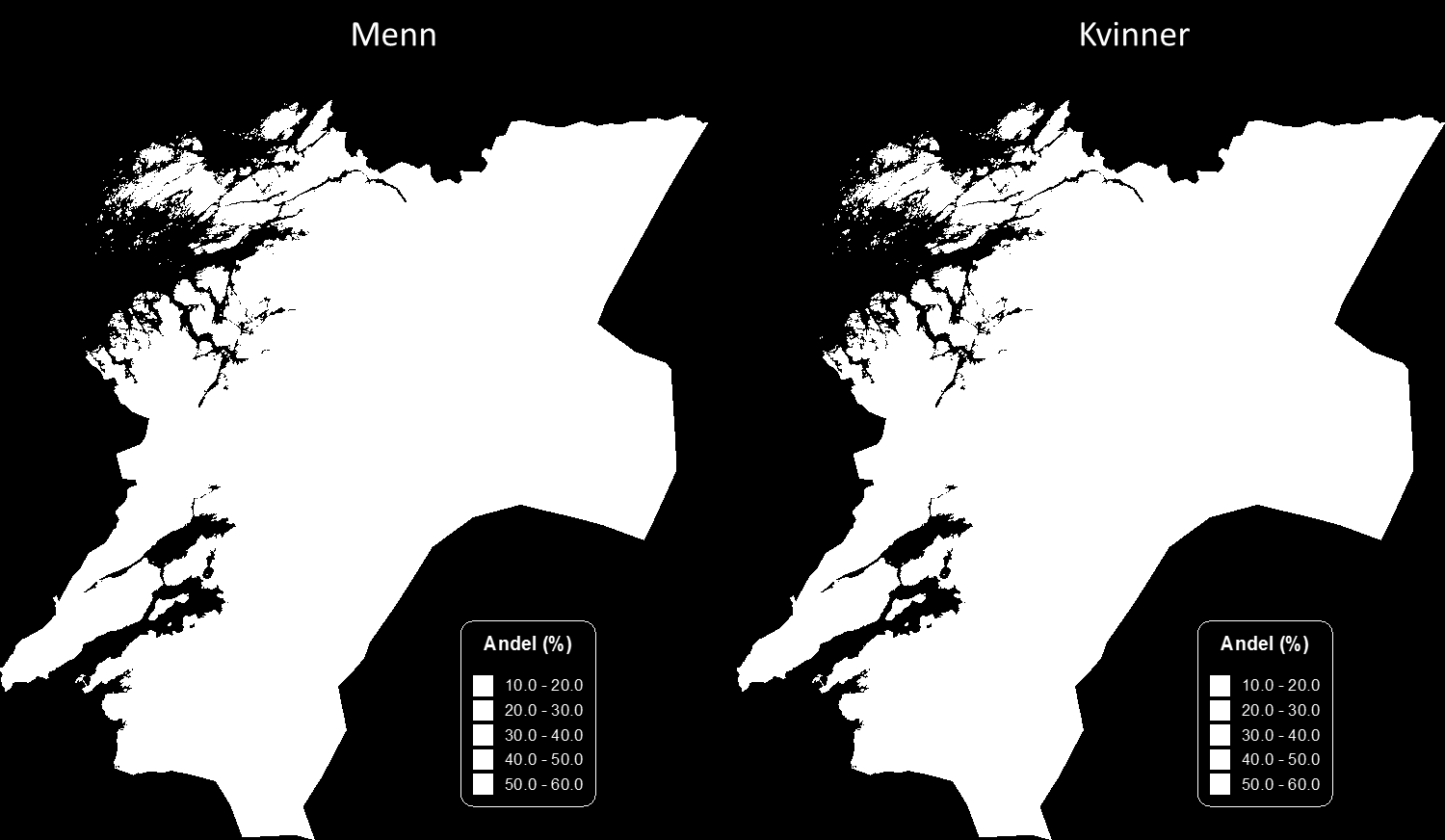 Figur 8: Andel menn og kvinner som svarer at de sjelden spiser frukt og bær (-3 ganger pr. måned eller 1-3 ganger i uka). HUNT 3. Dess mørkere farge, dess større andel som sjelden spiser.