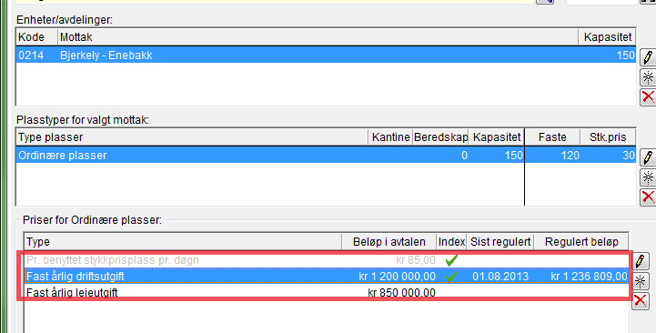 Neste skjermbildet viser detaljer for den nye, gjeldende indeksreguleringen.