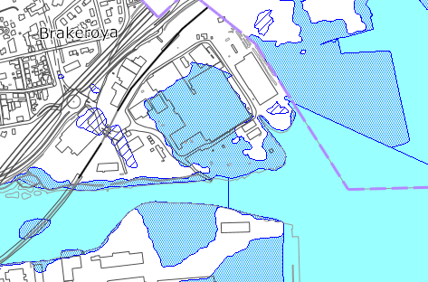 Figur 2-4: Skisse som viser beregnet utbredelse av 500-årsflom på Brakerøya 2.