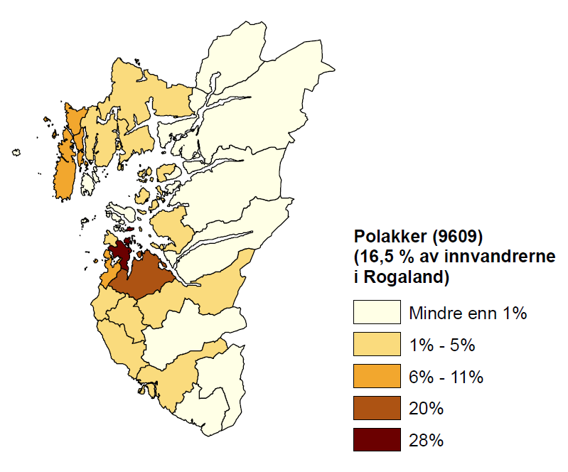 Rogalands 10 største innvandrergrupper i 2012 Polakker, den største gruppen, antall 9609 Polakker i Rogaland, fra 16 år oppover, fordelt etter utdanningsnivå, 1.