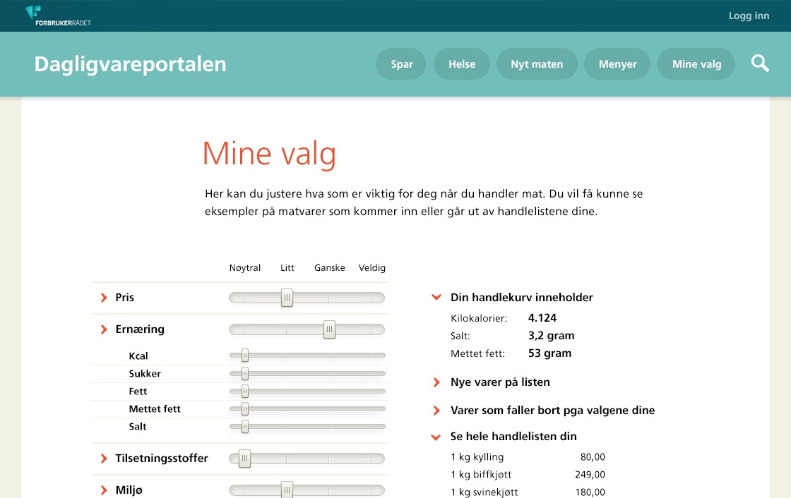 4.3 Mine valg Ovenfor har vi vist noen mulige forslag til funksjonalitet hvor man kan angi preferanser vedrørende pris, og hvor man aktivt kan velge, eller velge bort, matvarer med ulike