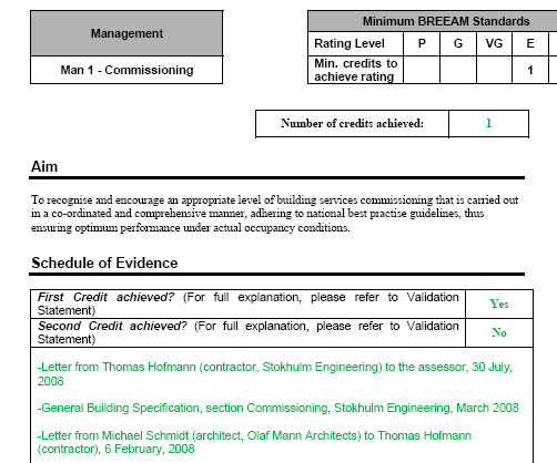 Eksempel på hvordan krav rapporteres i fm. en BREEAM Assessment.