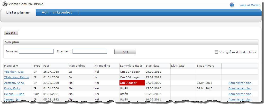 12 SamPro 4.0 Listen som kommer opp inneholder planer hvor du er definert som deltaker. Hvis du ikke er deltaker i noen planer er listen tom, og du kan evt. lage Ny plan (hvis du er koordinator).