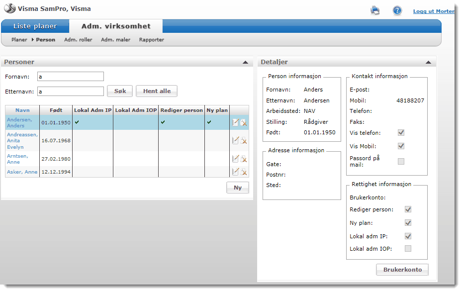 52 4.2 SamPro 4.0 Personer Lokal administrator har mulighet til å endre personopplysninger på personer i sin virksomhet fra menyvalget Adm.virksomhet Personer.