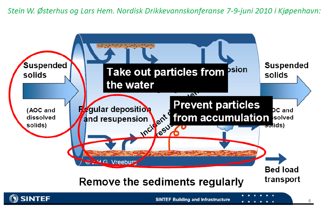 En skjematisk fremstilling av tilstanden inne i vannledningsnettet. Øverst ser vi en biofilm.