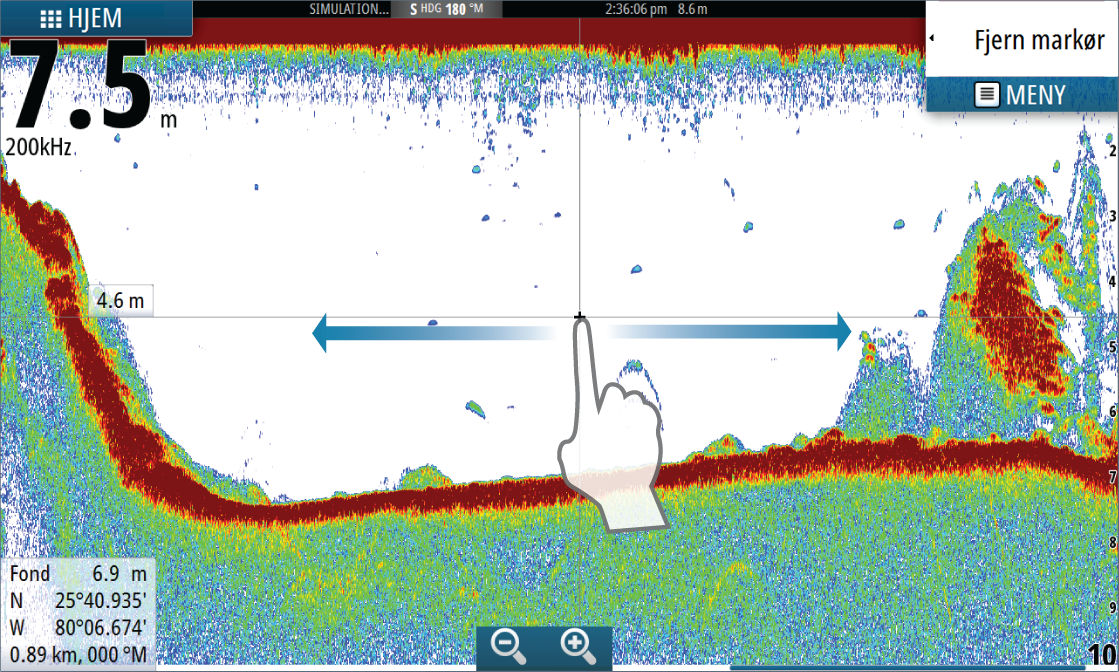 Når du velger Ferdig med måling, gjenopptas vanlig blaing i bildet. Vis Echosounder-historikk Du kan vise ekkoloddhistorikken ved å panorere bildet.