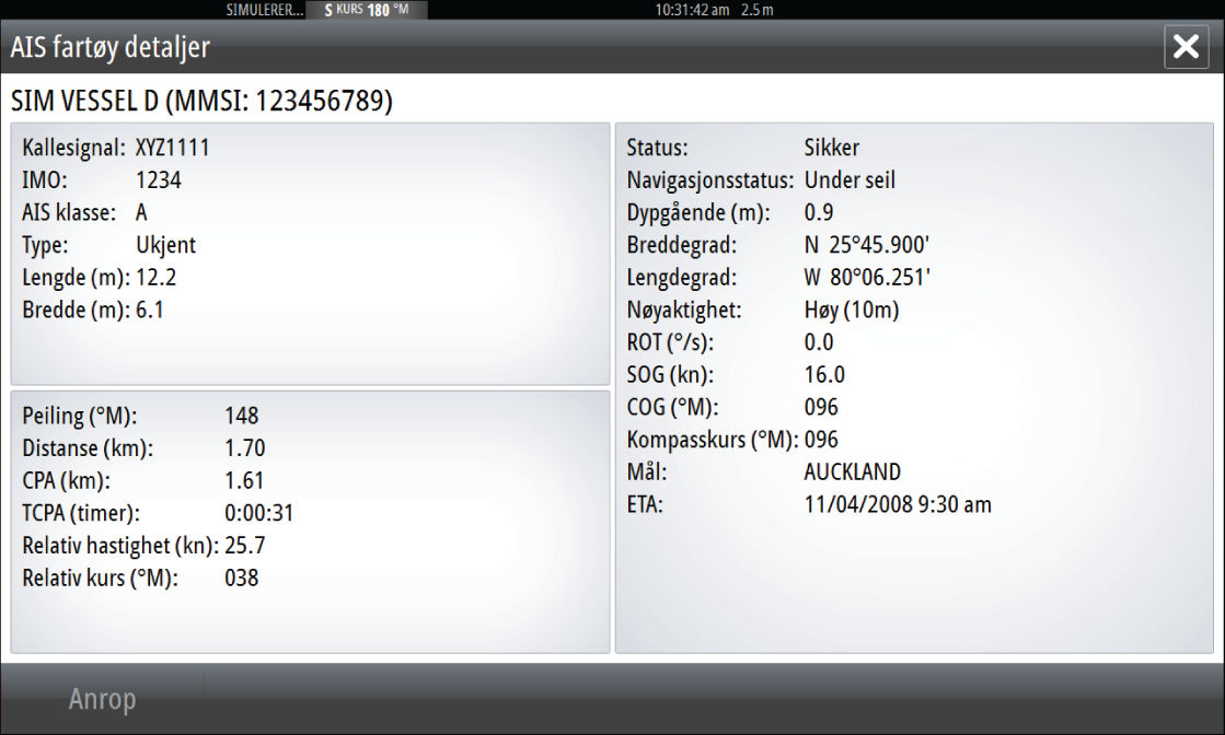 Vise informasjon om enkeltstående AIS-mål Når du velger et AIS-ikon på kartpanelet, endres symbolet til symbolet for valgt mål, og fartøyets navn vises.