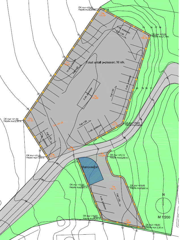 21 Figur 10: Illustrasjon av parkeringsløsning. Flytting av renovasjonsanlegg, bom og gangvei ned til strandsone er ikke oppdatert på tegningen. Se Reguleringsplan revidert 13.03.