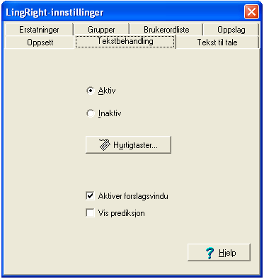 Figur 5: LingRight-innstillinger Tekstbehandling I den vidare forklaringa vil vi omtala desse vala som arkfaner. Merk: I kontrollpanelet til LingRight kan ein gjera endringar i innstillingane.