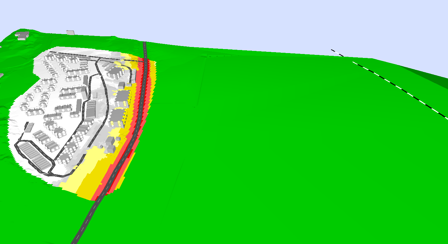 5 Beregningsresultater og konklusjoner På figur 3 nedenfor er det vist en 3D oversikt av beregningsmodellen. Figur 3: 3D oversikt (Cadna) av planlagt utbyggingsområde. 5.