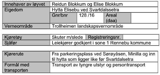 Tillatelse A. Vilkår: 1. Tillatelsen er knyttet til Reidun Blokkum, som sammen med leiekjører er ansvarlige for at vilkårene overholdes. 2.