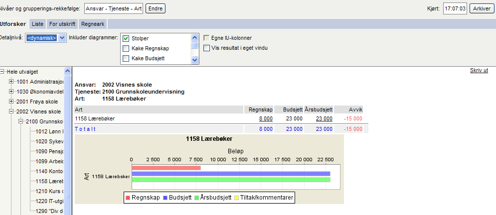 Inkludere og ekskludere diagrammer Datadelen kan valgfritt også presenteres med diagrammer. Du kan velge mellom stolpediagram, kakediagram og kakediagram for periodebudsjett.