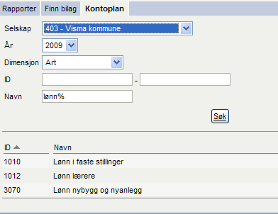 Kontoplansøk Økonomirapportering har en egen modul for oppslag mot kontoplan. Funksjonaliteten tar hensyn til brukerens adgangskontroller i Økonomi.