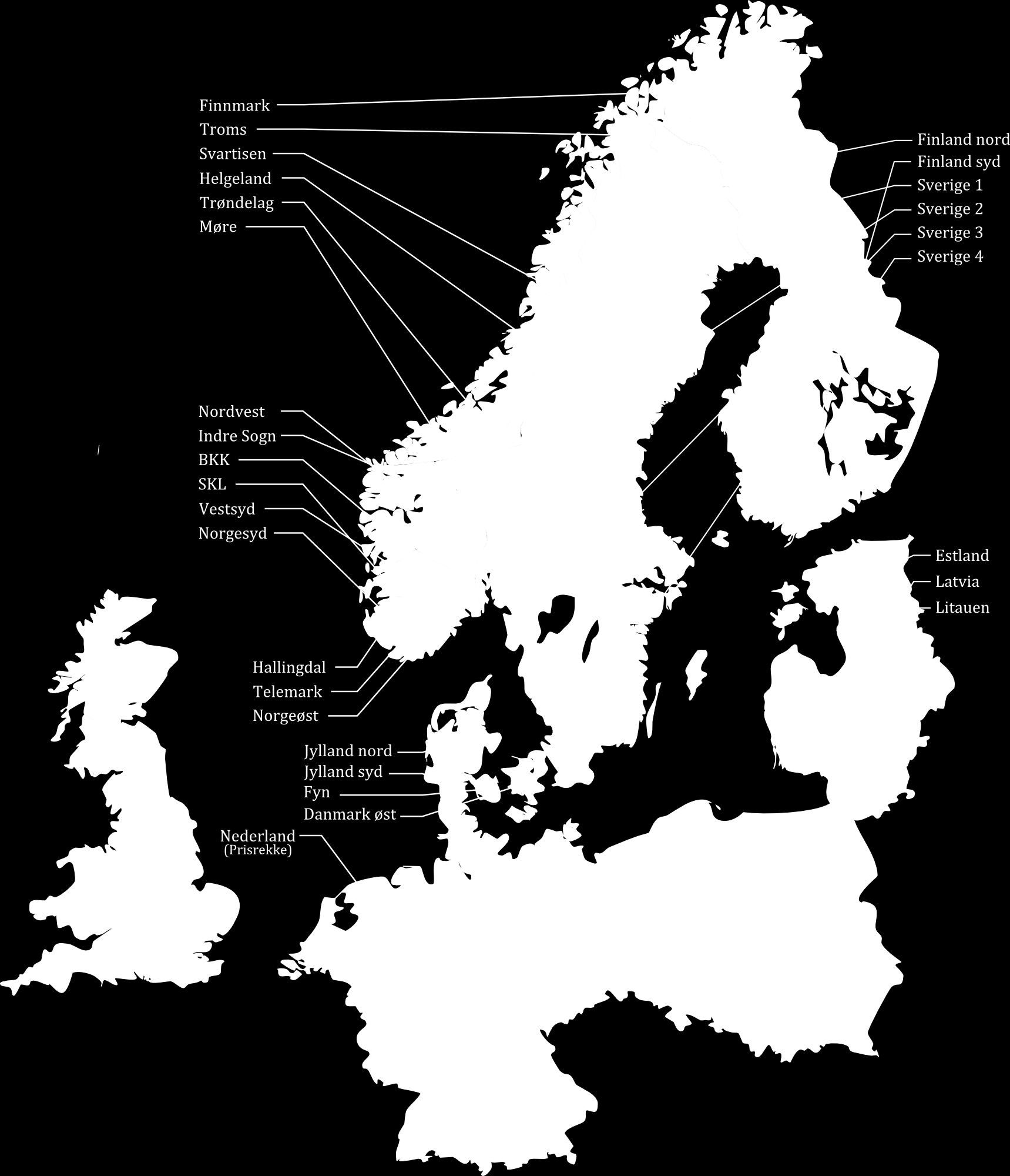19 Modellen til Statnett SF består av 33 delområder som er vist i figur 3.1. Dei nordiske landa Noreg, Sverige, Finland og Danmark er delt opp i fleire mindre område.