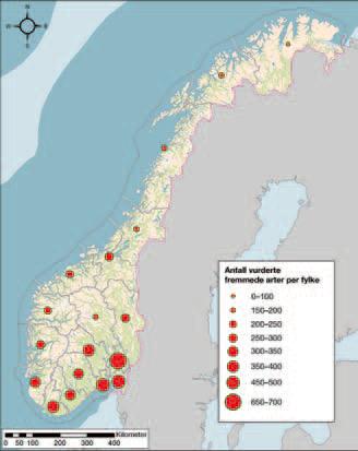 Figur 1: Utbredelse av fremmede arter i Norge Aktuelle tiltak mot fremmede arter omfatter både juridiske og organisatoriske tiltak, risikokartlegging og risikovurdering, forebyggende tiltak,