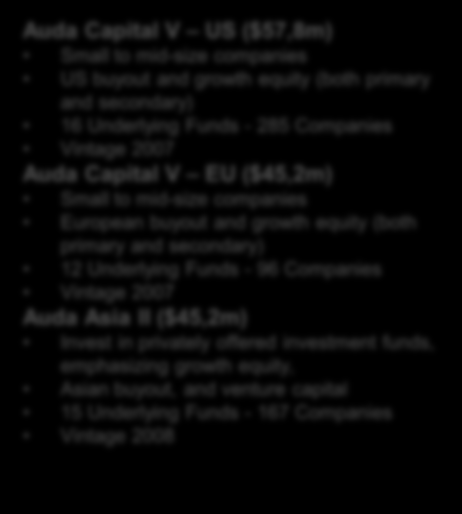 Porteføljeoppdatering Strukturen (35 % / 1 111 shareholders) Global Private Equity 1 AB (65 % / 3 636 shareholders) Auda Global Private Equity 2006 AS Auda Global Partners I (Vintage 2007) 82,0m