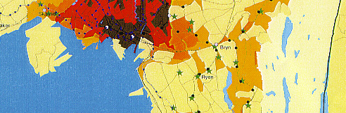 Figur 4.17:Antall personer som fra sitt bosted kan nå de enkelte sonene innenfor 20 minutter reisetid med kollektivtransport (inkl gangtid og ventetid) per 1998. Oslo kommune.