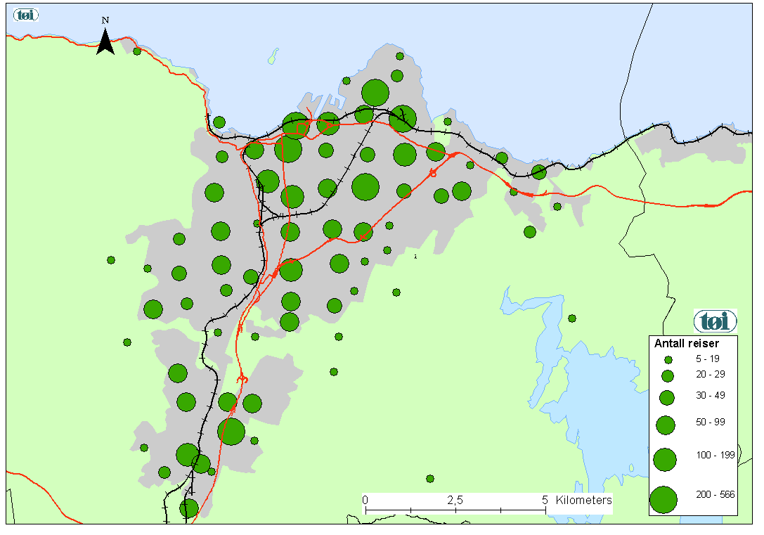 7: Fordeling av reisemål for motoriserte reiser med endepunkt i Trondheim tettsted. Reiser foretatt av et tilfeldig utvalg respondenter (reiser som ender i eget hjem er ikke tatt med). Virkedager.