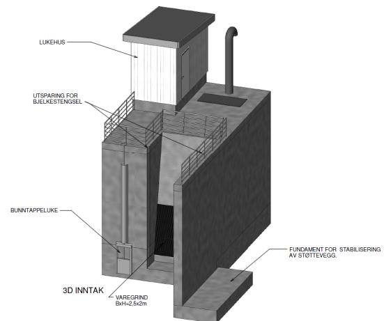 Figur 10 Tverrsnitt av dam, tegning 03. Figur 11 Inntak og lukehus Lukehuset vil bli bygget i tre med kledning og tak som kraftstasjonen.