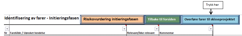 Etter gjennomførelsen går man tilbake til identifisering av farer ved å klikke på ««Tilbake til identifisering av farer» Overføring av fareidentifikasjon fra initieringsfasen til