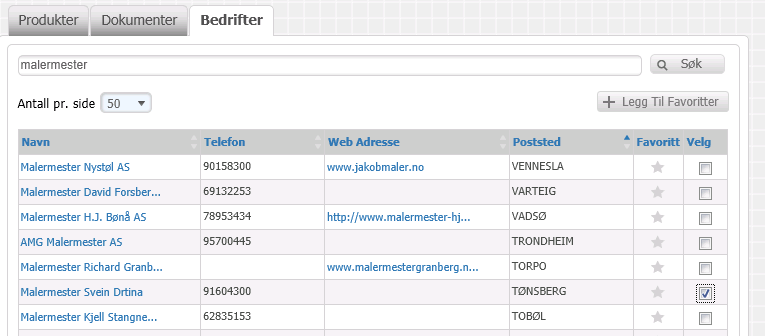 A2:2 Dokumenter Her vil du få listet opp alle Dokumentene som er tilgjengelig i cobuilder sin database. Velg ønskede dokumenter ved å huke av listen under Velg, eller gjør egne søk via søkefunksjonen.