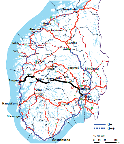 Øst-vest-utredningen Rv 7 over Hardangervidda, via Tunhovd Rute Utbygd rv 7 over Tunhovd ÅDT 2050 Rv 15 Strynefjellet Investeringskostnad: Neddiskontert nytte: Nettonytte: Reisetidsreduksjon: Ny