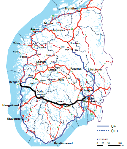 Øst-vest-utredningen E134 over Haukeli, arm via Odda mot Bergen Rute Utbygd E134 arm Bergen ÅDT 2050 Differanse uf. ref.