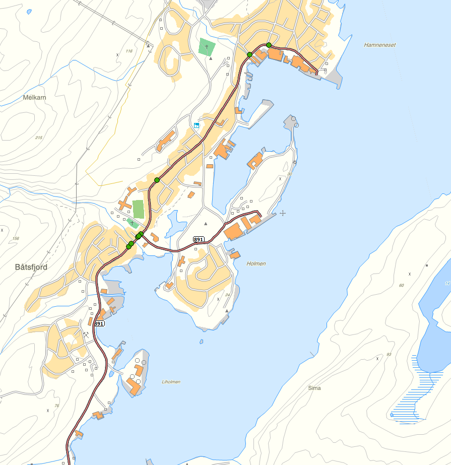 Kart over ulykker i Båtsfjord sentrum i perioden 2001-2010 Som vist på kartet over så er hovedtyngden av ulykkene de siste 10 årene skjedd på Fv 891 ved kryss Statoil.