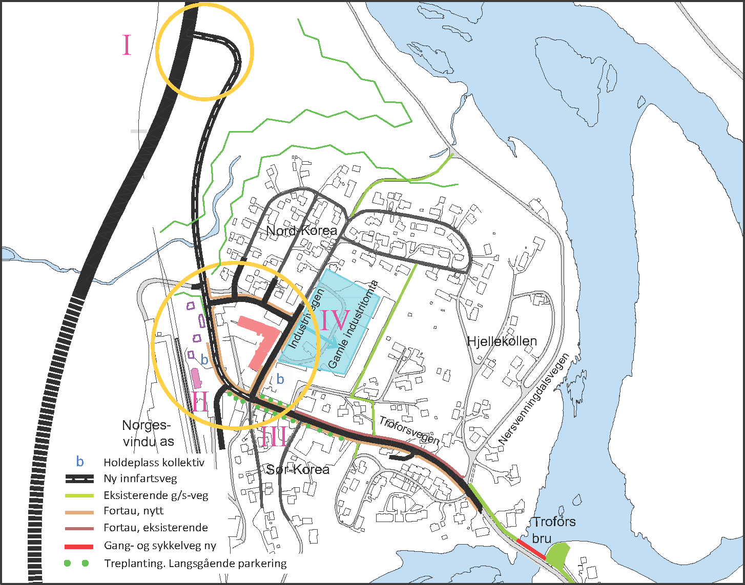 Side 49 av 55 III. Troforsvegen mellom stasjonen og Trofors bru breddeutvides. Den får tosidig fortau og langsgående parkering. Trofors sentrum vil helt naturlig få potensielt flere kunder/ besøkere.