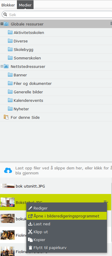 Versjonsnr. 1.3 Side 47 Du får tilgang til bilderedigeringsprogrammet på følgende måter: - Fra kategorien medier i ressursfeltet. - Fra riktekstredigeringsprogrammet (verktøylinjen). 9.3.1 Redigere bilde via ressursfeltet (medier) 1.