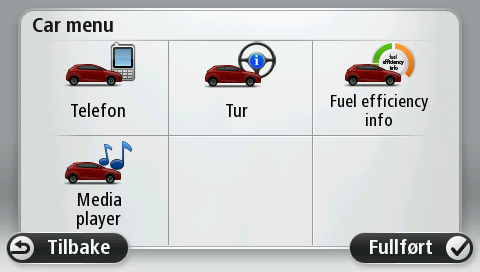 Car Menu ser slik ut for de forskjellige bilmerkene: Telefon Du kan bruke Blue&Me-TomTom 2-navigasjonsenheten til å håndtere håndfrisamtalene dine.
