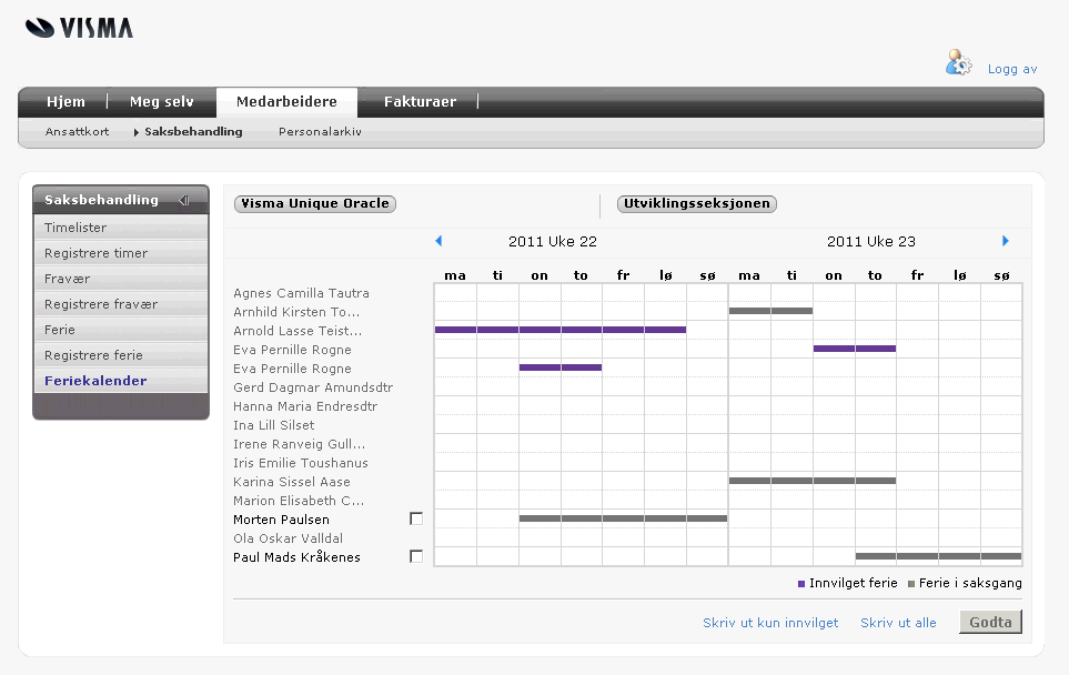 2.5 Medarbeidere Feriekalender Menypunktet Feriekalender gir en komplett oversikt over alle ansatte i enheten. Du får se enheter hvor du har saksbehandler-rolle for ferie.