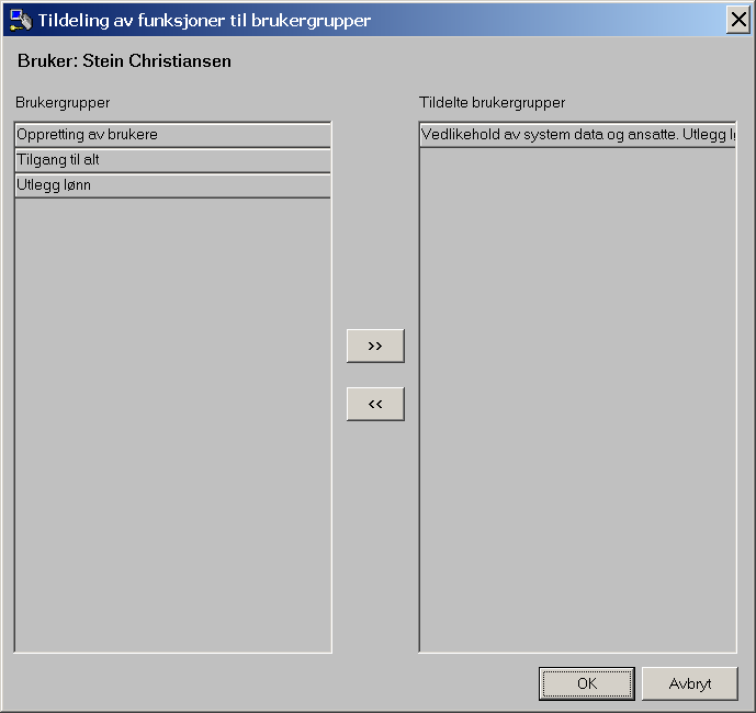 I venstre kolonne finner du de definerte brukergrupper. Den brukergruppen som den ansatte skal tilhøre dras over i høyre kolonne.