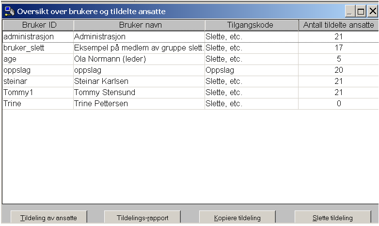 Tildeling av flere ansatte til en bruker Her kan du manuelt gå inn og tildele ansatte til en bruker Du kan tildele ansatte ved utvalg på avdeling, firma, stillingskategori, frigruppe eller