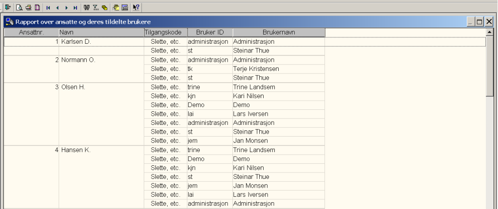 Rapport over ansatte m/tilhørende brukere Med rapporten får du ut en oversikt pr. ansatt der du ser hvilke WinTid brukere som har tilgang til den ansatte.