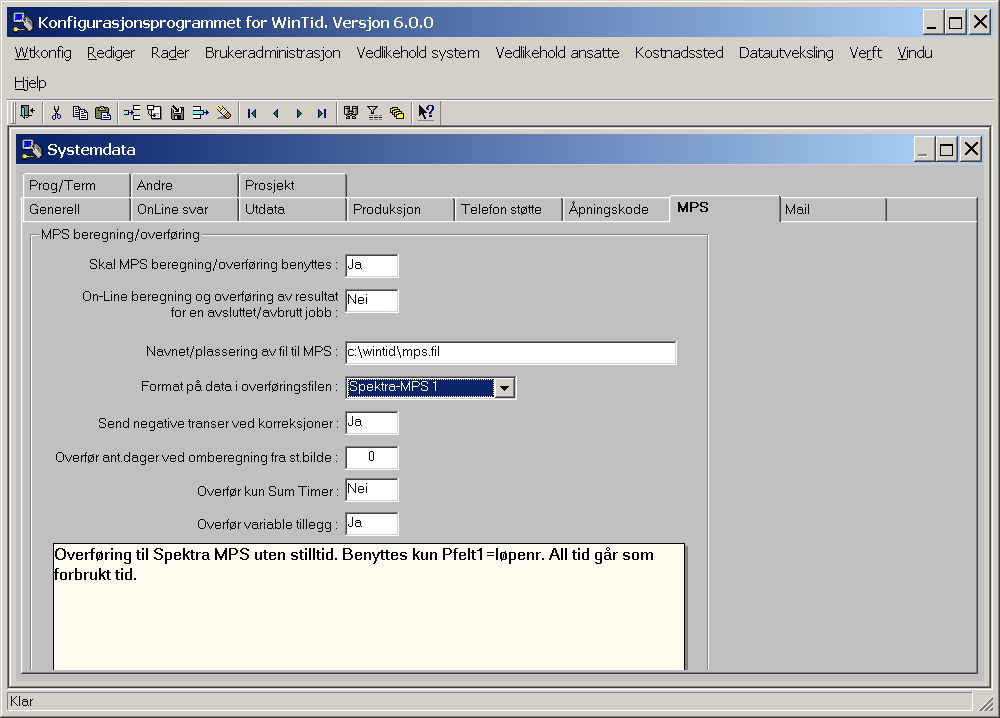 Skal MPS-beregning/overføring benyttes Ja betyr at du skal sette opp en overføring. Ved ja, må du sette opp flere parametere for hvordan overføringen skal skje.