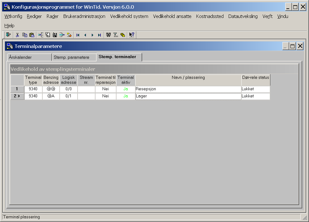 Stemplingsterminaler Terminalparametere Hensikten med vinduet er å få vise status på terminalene. I tillegg kan du logge ut terminaler som for eksempel sendes til reparasjon.