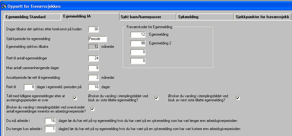 Du trenger kun arbeide i dag(er) før du rett på ny egenmelding hvis du har vært på en sykmelding som har vart kortere enn arbeidsgiverperioden I dette feltet skal det stå 1 dag iht loven.