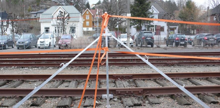 DV Banestativ med bånd Produktnr: 00311 Stativ som festes til skinne med solide sperrebånd i topp og bunn, med 40 cm mellomrom. Disse stativene brukes på strekninger med dobbeltspor.