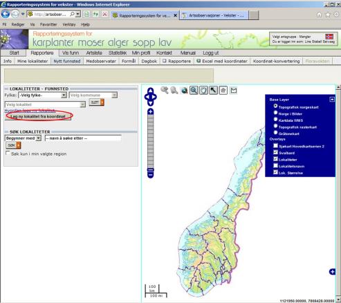 Nå har du to alternative muligheter. Enten kan du zoome inn på kartet, trykke på blomsten og merke av i kartet hvor plantene er, eller du velger «Lag ny lokalitet fra koordinat».