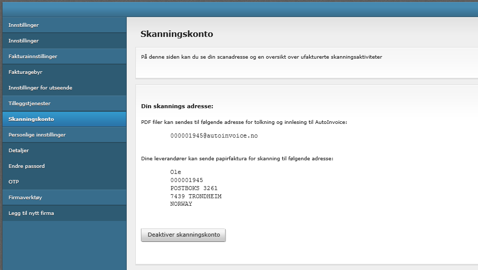 4. En dag etter registreringen i punkt 1-3, kan leverandørene dine eller du selv sende pdfeller tiff-fakturaer til en epost-adresse som inneholder ditt registrerte organisasjonsnummer, f.eks.
